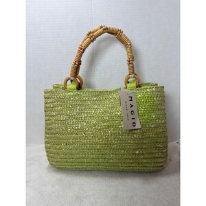 VTG NWT Y2K Magid Wheat Straw Woven Tote Handbag Lime Green Beaded Handles
